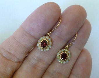 Vintage Garnet Earrings, Antique Solid Gold 9ct 9k, 14k, 18k Antique Opal Earrings, Garnet Opal Drop, Womens Victorian Earrings, Custom E30
