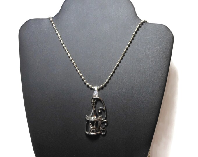 FREE SHIPPING Bird in cage pendant, gunmetal birdcage with bird, industrial chic, silver ball chain