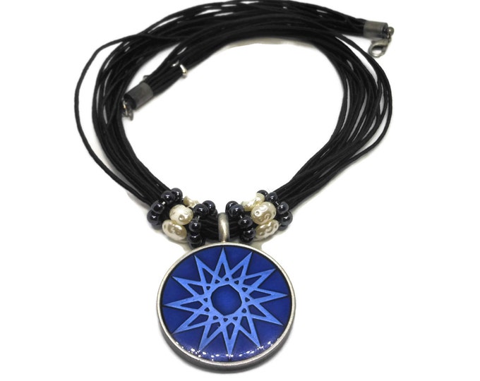 FREE SHIPPING Blue star pendant, round blue epoxy pewter pendant, faux translucent seed pearl ringlets, multi-strand black cord, star or sun