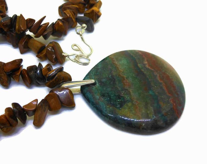 FREE SHIPPING Green jasper pendant, tiger's eye chip stand, banded jasper pendant, sterling silver findings, semi precious gemstone necklace