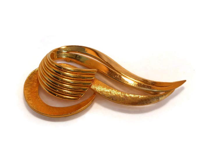 FREE SHIPPING Sphinx swirl brooch pin, 1960s signed gold two tone swirl pin, textured and glossy