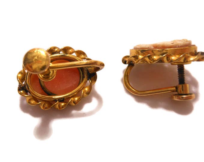 Amco cameo earrings, screw back earrings, marked 1/20 12KT gold filled, carved shell