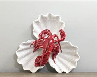 Vintage Lobster Dish Ceramic Divided Seafood Serving Plate Tray Platter Coastal Beach Decor