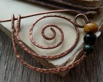 Celtic Shawl pin, Rustic Copper sweater pin or scarf pin in swirly design with czech glass, copper brooch