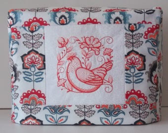 Two Slice Toaster Cover with Chicken Motif, Redwork Chicken with Jacobean floral design