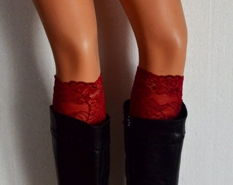 Maroon Lace Boot Cuff, Spring Stretch lace maroon boot cuff, Maroon lace leg warmers.