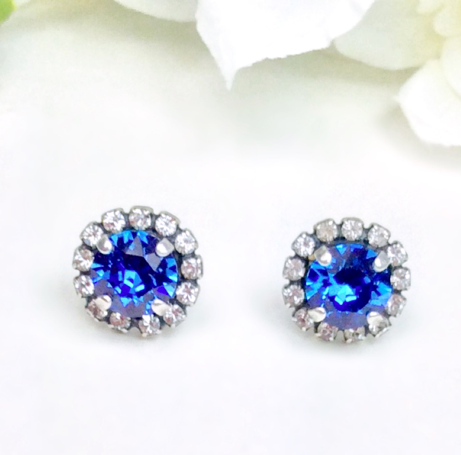 Swarovski Crystal 8.5mm Stud Earrings with Swarovski Crystal Halo -Very Classy - Sapphire - OR Choose Your Favorite Color  -  FREE SHIPPING