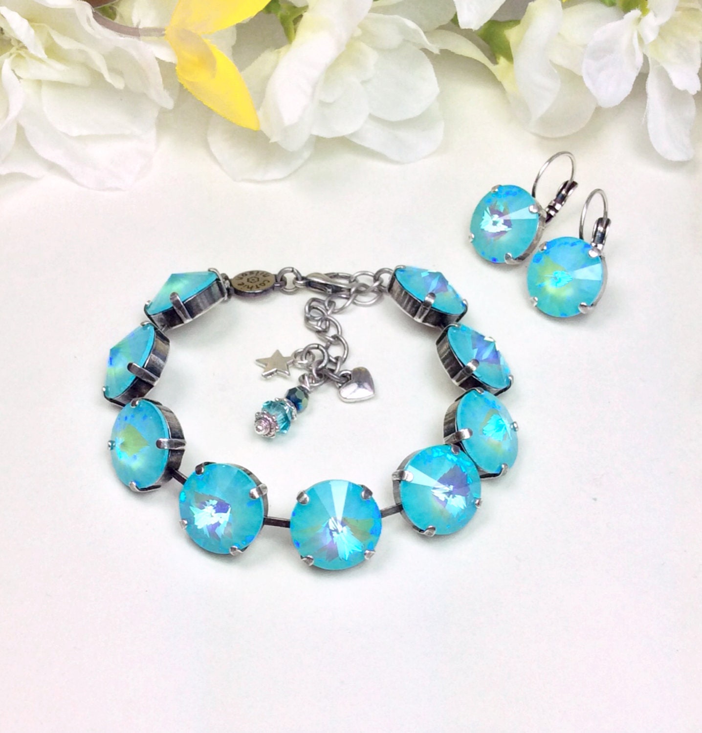 Swarovski Crystal Bracelet and Earrings- 14MM Radiant Ultra Turquoise A B Crystals - Gorgeous for Summer! Sparkle & Shimmer - FREE SHIPPING