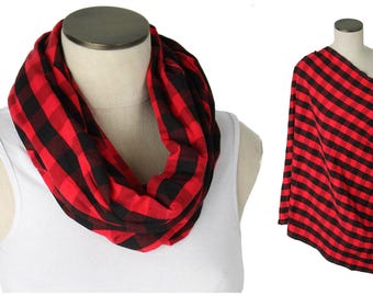 Red & Black Buffalo Plaid Nursing Scarf / Hold Me Close Nursing Scarf / Nursing Cover / Infinity Nursing Scarf