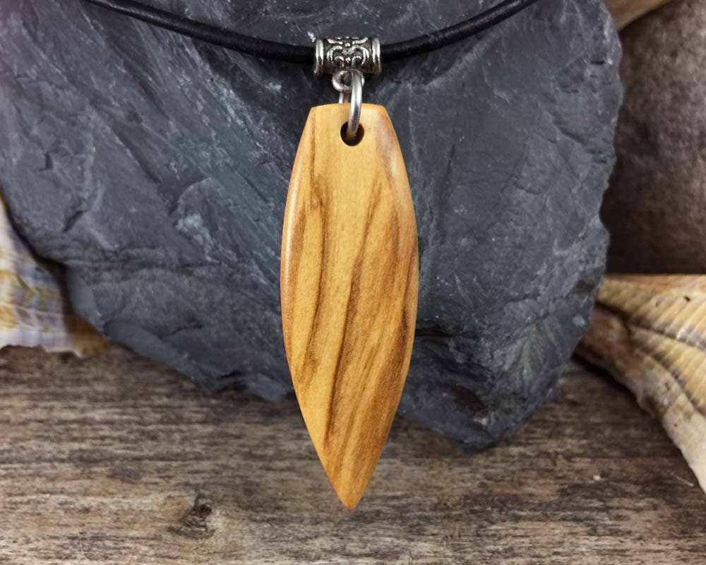 Wood Surfboard Pendant Mens Leather Necklace With Wood