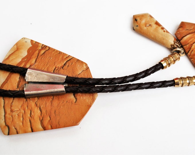 Bolo Tie Picture Jaspter - Brown earth tone gemstone - Brown leather - Wedge Tile - Brass