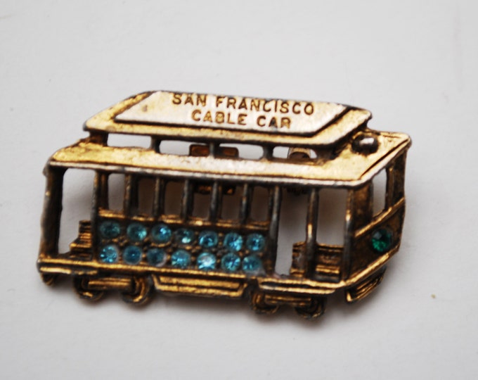 San Francisco Cable car Pin- Blue rhinestone - Brass bus brooch