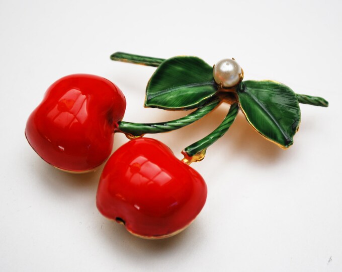 Cherry Brooch - Signed Original by Robert - Red Green Enamel on metal - Fruit figurine pin