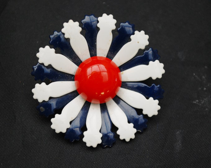 Flower Brooch - Red White Blue - Enamel on Metal - Floral pin
