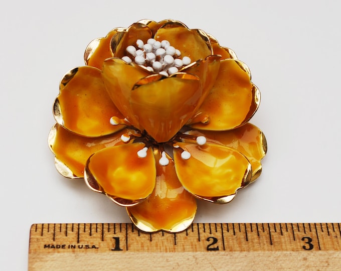 Yellow Orange Flower Brooch - Enamel Flower -Mustard white - Mid century floral Pin