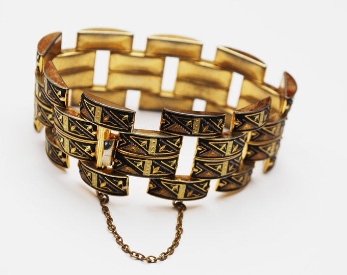 Wide Damascene Link bracelet - 4 rows of gold black enameling links - Safety chain