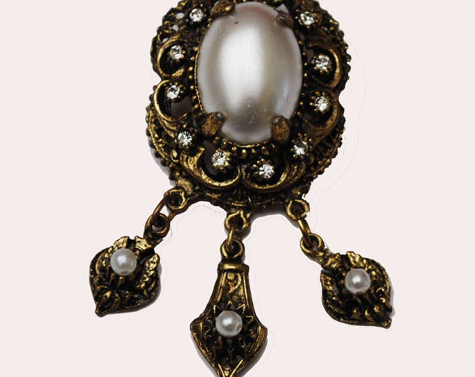 White Pearl Brooch Pendant- Clear rhinestone - Gold ornate scallop - Victorian Revival - Dangle pin