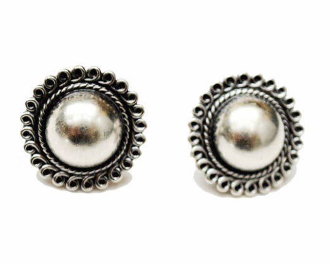 Sterling Silver round Earrings -screw back - domed with twisted wire trim