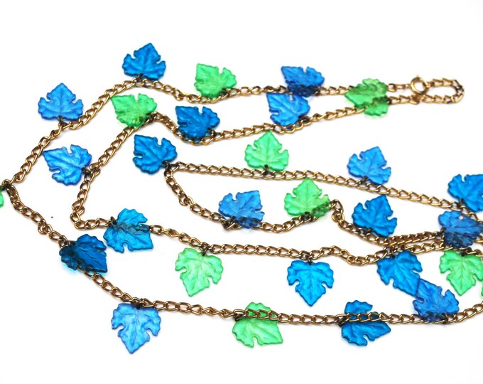 Blue Green Leaf Necklace - Lucite Plastic - grape leaf - gold tone chain - Turquoise