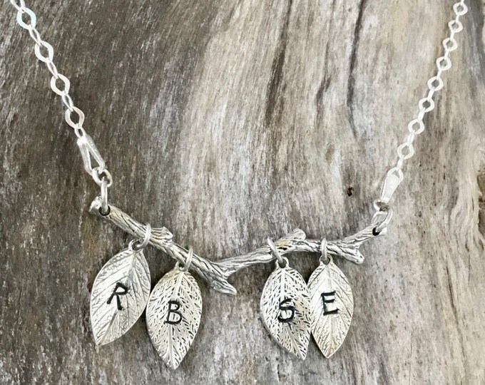 Personalized initial Jewelry - Family Tree Branch and Leaf Charms - Sterling Silver Necklace - Personalized Leaves - Hand Stamped Necklace