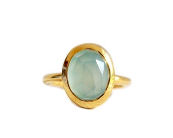 Gold Chalcedony Ring, 14k Gold Aqua Chalcedony Ring, Stackable Ring, Gold Ring, Blue Chalcedony Ring