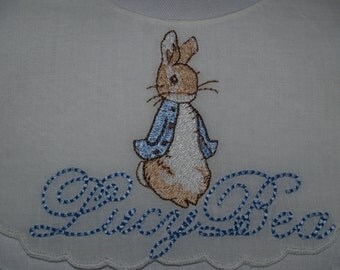 Girl's or Boy's Heirloom Beatrix Potter Peter Rabbit First Birthday or Easter White Double Scalloped Linen Bib