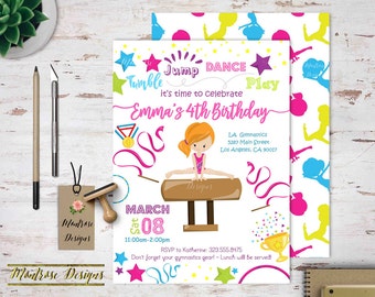 Gymnastics Birthday Party Invitation, Tumble, Jump, Dance, Play! Blonde, Redhead, Brunette, African-American, Hispanic Girls G2 DIGITAL FILE
