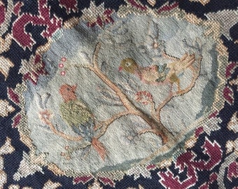 Sublime antique tapestry panel petit point & point de croix paradise birds vignette Victorian neo gothic black design French chateau style