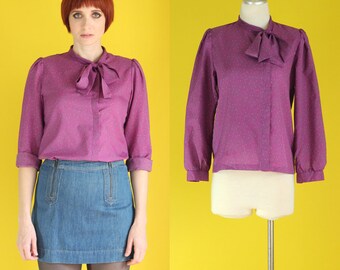 Vintage 80s Bow Blouse - Secretary Blouse - Purple Blouse - Tie Neck Blouse - Long Sleeve Polka Dot Blouse - Asymmetrical Shirt Size Small