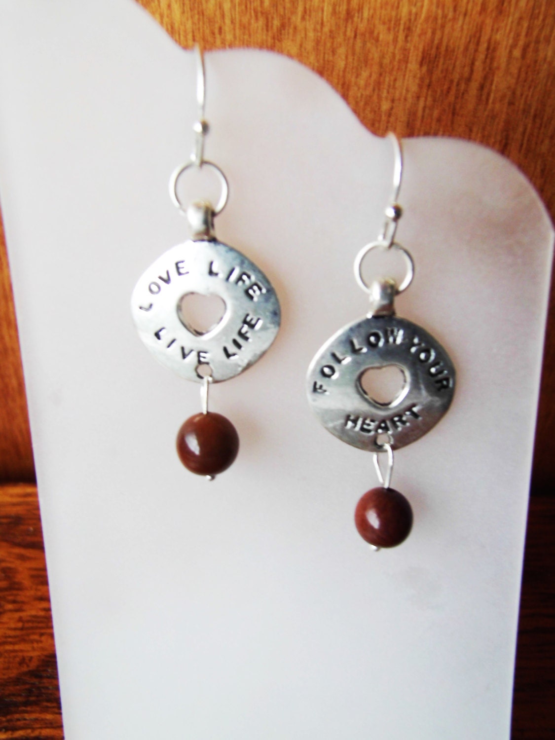 Silver Disc Statement Earrings with Brown Organic Bead
