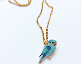 Hand drawn Parakeet Parrot Necklace. Bird Necklace. Parrot Jewellery