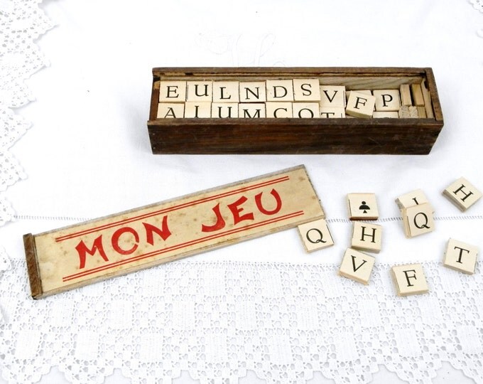 Antique French Wooden Boxed Set of 77 Wooden Letters Game "Mon Jeu", Vintage Decor, Games, Toys, Retro, Home, Interior, Scrabble, Words