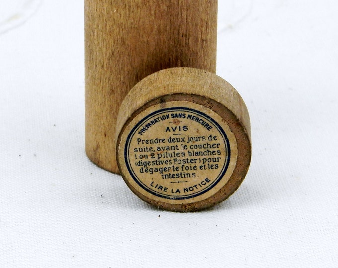 Antique French Solid Wooden Indigestion Pill Box Still with Part of the Original Label, Apothecary, Chemist, Turned Wooden Box, Doctor