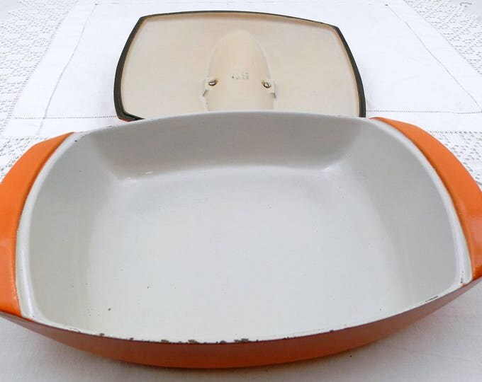 Vintage French Designer Bright Orange Enameled Cast Iron Le Creuset 4.5 Cooking Pan / Pot and Lid Designed by Raymond Loewy in 1958, Kitchen