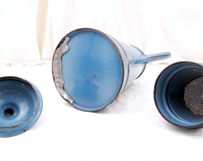 Rare Antique Hand Painted Blue Gooseneck Kettle Flower Pattern Chippy Enamelware Coffee Pot, Cafetière, French Country Decor, Cottage France