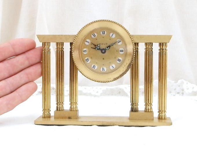 Working Vintage Mid Century Gold 1950s Rare French Mechanical Ornate Alarm Clock Solo, Made in France, Unusual Wind-up Metal Bedside Clock