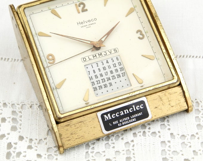 Working Vintage Swiss Helveco Mid Century 7 Jewels Gold 1950s Mechanical Desk Clock Perpetual Calendar, Wind-up Clock, Retro, Desk, Office