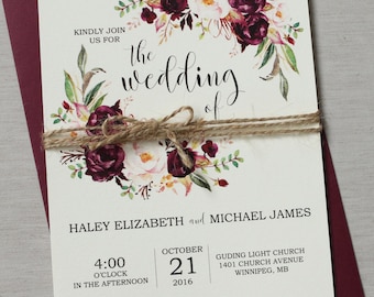 Marsala Wedding Invitation Suite Burgundy Pink Bohemian Invite Set Rustic Floral Marsala Wedding Invitation Suite Burgundy Pink Bohemian Invite Set Rustic Floral