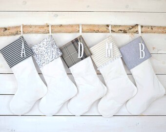 Velvet Christmas Stocking Set - Set of 5 Gray/Ivory Stockings - Family Stockings, Silver Sequin Stocking Set