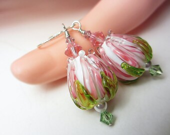 Artisan Lampwork Earrings Light Pink Rose Bud Earrings Pink Earrings White Pink Earrings Floral Earrings Flower Bud Earrings Nature Earrings