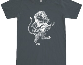 Lion Playing Guitar T Shirt.Unisex American Apparel Fine Jersey Short Sleeve Tee.Band T-Shirts Tee.Guitar Shirt.Lion Music Rock Tee Shirt.