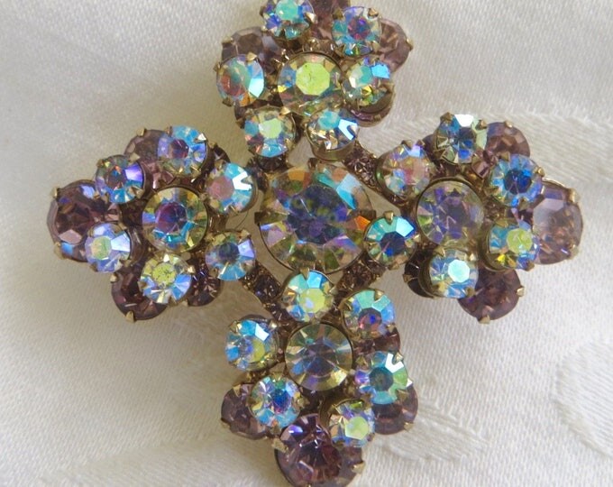 Juliana Rhinestone Cross Brooch Set, Clip Earrings, Aurora Borealis & Lavender Rhinestones, 1960s Jewelry