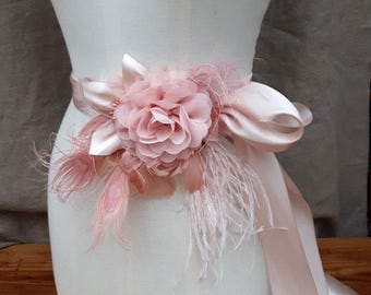Bridal Sash wedding soft pink pastell belt Flower Sash vintage Bride blush dusky pink Peacock edwardian romantic Bridesmaid peach unique