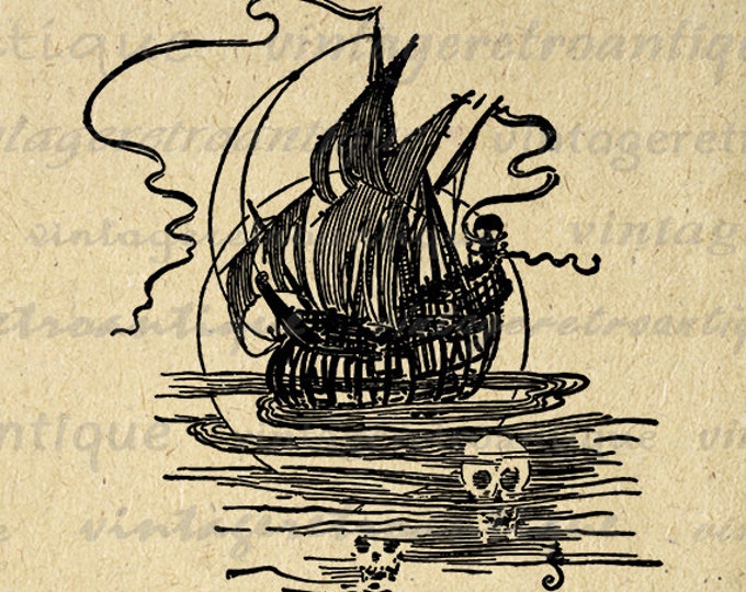 Digital Pirate Ship with Skull Graphic Download Boat Image Printable Antique Clip Art Jpg Png Eps HQ 300dpi No.3651