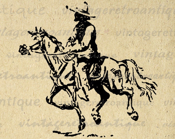 Printable Cowboy Riding Horse Digital Download Horseback Rider Graphic Image Vintage Clip Art Jpg Png Eps HQ 300dpi No.155