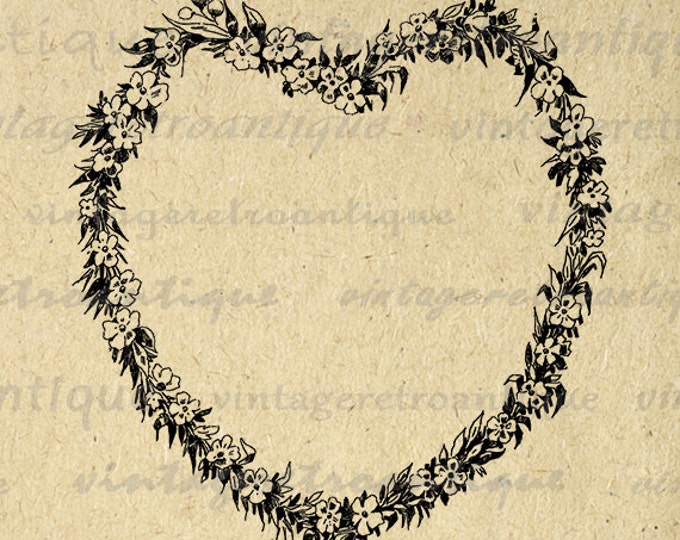 Digital Heart Shaped Flower Wreath Printable Image Love Romance Flower Garland Graphic Download Artwork Vintage Clip Art HQ 300dpi No.3704