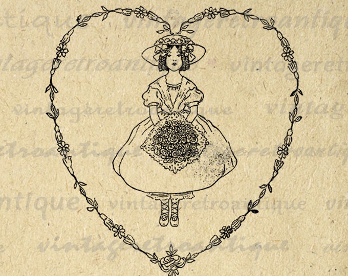 Printable Graphic Girl with Flowers Heart Download Love Digital Image Antique Clip Art Jpg Png Eps HQ 300dpi No.3563