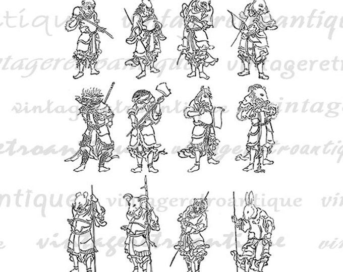 Digital Animal Warriors Graphic Image Collage Sheet Printable Download Vintage Clip Art Jpg Png Eps HQ 300dpi No.1596