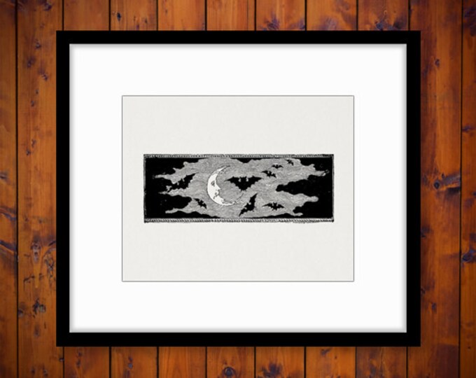 Bats and Moon Graphic Printable Download Image Digital Illustration Vintage Clip Art Jpg Png Eps HQ 300dpi No.4196