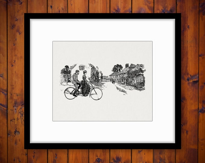 Digital Cycling Through an English Village Image Graphic Bicycle Printable Download Vintage Clip Art Jpg Png Eps 18x18 HQ 300dpi No.3664